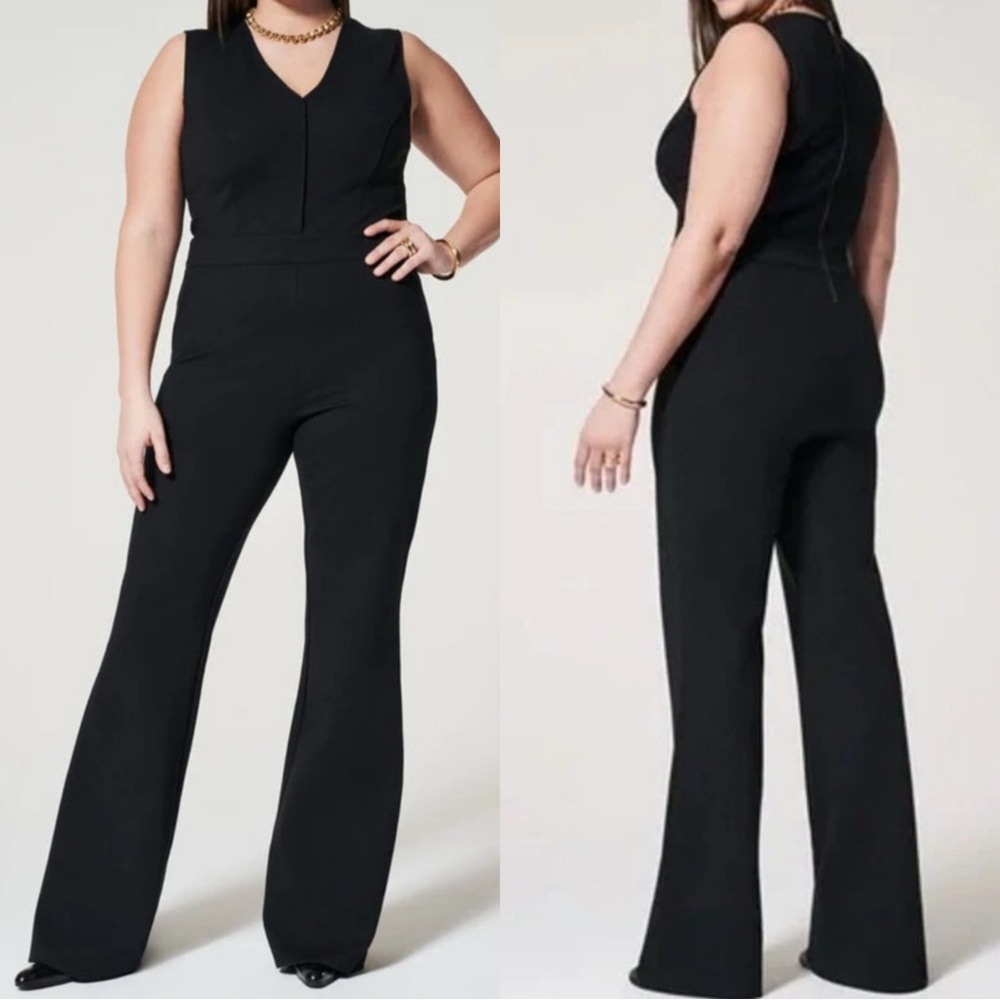 NWT Spanx Women’s Perfect Sleeveless Jumpsuit Ponte Wide Leg V-Neck in Black 1X